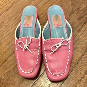 Lilly Pulitzer Vintage Leather Mules Shoes Pink/White W Bow 6 1/2